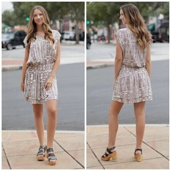 Kori America Crinkle Aztec Print Smock Waist Band Dress Navy Women’s Size Large - Picture 1 of 13